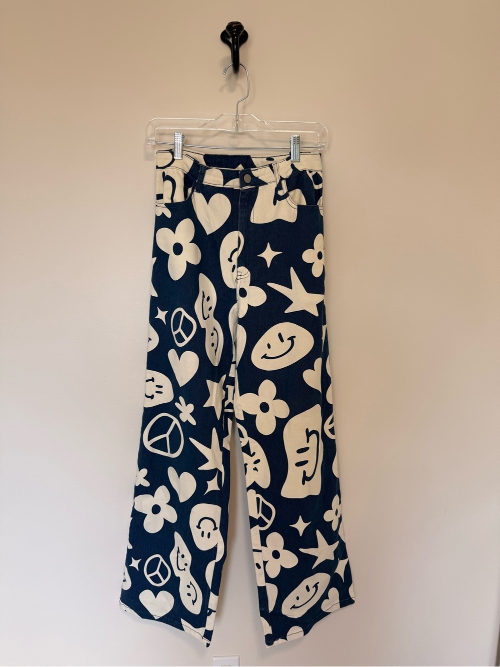 Bailey Rose Women’s Navy and Cream Graphic Wide-Leg Pants — Size Small